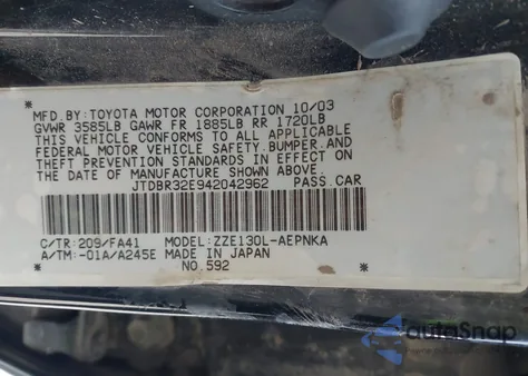 2004 Toyota Corolla Le from USA, damaged, VIN JTDBR32E942042962